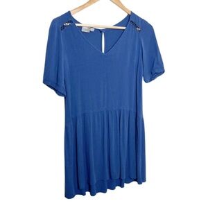 ASOS Blue‎ Short Sleeve Tiered Babydoll Dress Crochet Detail V Neck